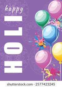 Purple Holi festival banner decorated with colorful balloons and splashes, featuring rangoli and festive vibes