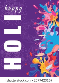 Purple Holi festival banner featuring colorful splashes and intricate mandala design in the background, vibrant and artistic