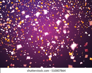 Purple holiday background with flying golden and white confetti, some are out of focus