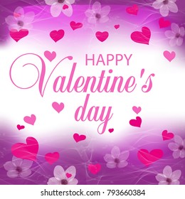 Purple holiday background with pink hearts and flowers. Design for posters, banners or cards Valentines day. Vector illustration.
