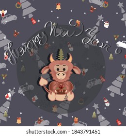Purple holiday Christmas card with attributes and bull