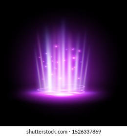 Purple hologram or podium projector, concert beam or night club ray, ufo teleport or blue summon tunnel, vortex or spotlight, luminous floodlight or futuristic light effect. Futuristic background