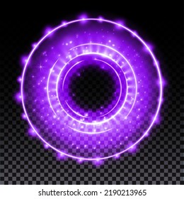 Purple hologram portal. Magic fantasy portal. Magic circle with halo effect. Vector blue glow scifi teleport with sparks and hologram, technology background.