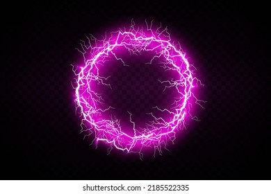 Purple hologram portal. Magical and fantastic portal. Magic circular podium for teleportation with a hologram effect on a transparent background. Vector golden glow rays with sparks.
