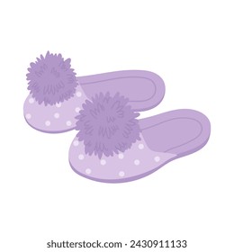 Purple home slippers with pompons. Cozy indoor footwear, fluffy flip flops cartoon vector illustration