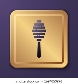Purple Honey dipper stick icon isolated on purple background. Honey ladle. Gold square button. Vector Illustration
