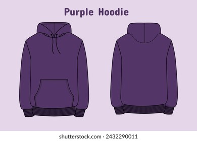 Purple Hoodie sweatshirt in front, back and side views. Vector sweatshirt or sportswear clothing with hood illustration.