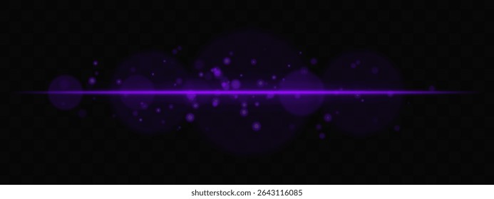 Purple horizontal glow with light particles and lens bokeh on transparent background. Atmospheric sci-fi effect perfect for transitions, digital UI, or dreamy glowing overlays.