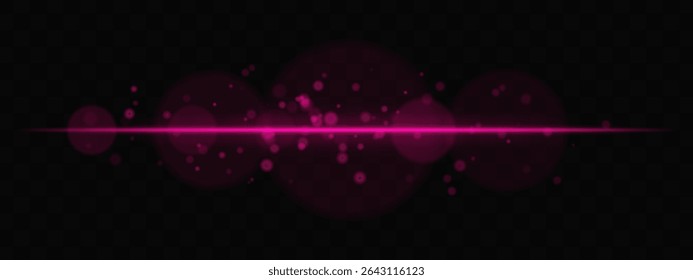 Purple horizontal glow with light particles and lens bokeh on transparent background. Atmospheric sci-fi effect perfect for transitions, digital UI, or dreamy glowing overlays.