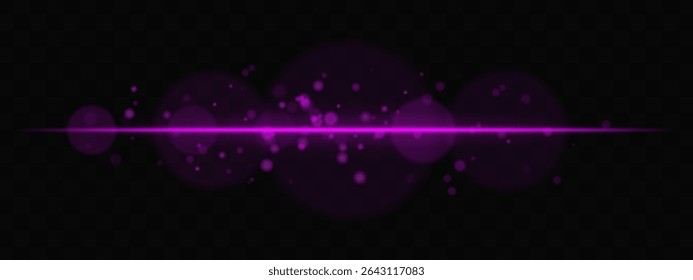 Purple horizontal glow with light particles and lens bokeh on transparent background. Atmospheric sci-fi effect perfect for transitions, digital UI, or dreamy glowing overlays.