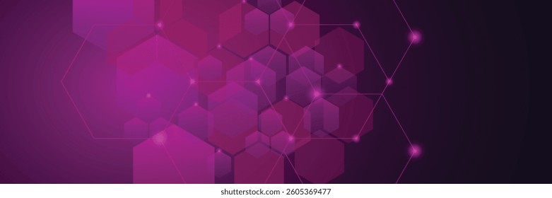 purple horizontal hexagonal technology abstract vector background. Red bright energy flashes under the hexagon in a wide banner of futuristic modern technology. vector