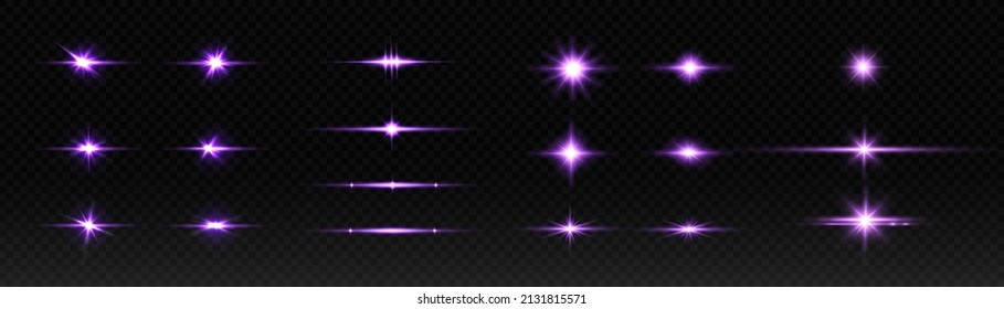 Purple horizontal highlights. Laser beams, horizontal beams of light. Beautiful light flashes. Glowing stripes on a dark background. Glowing abstract sparkling background.