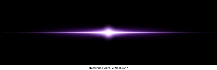 Purple horizontal laser beam. Light lensflare. Violet glow flare light effect. Vector illustration. Isolated on dark transparent background.