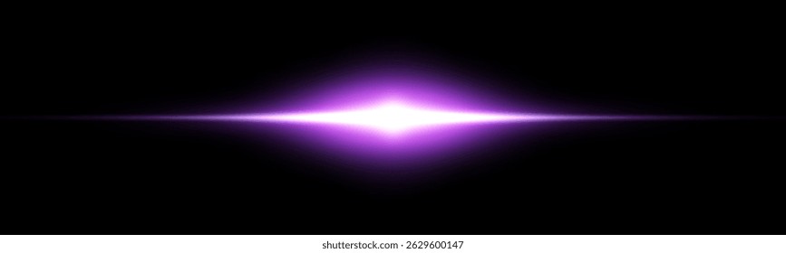 Purple horizontal laser beam. Light lensflare. Violet glow flare light effect. Vector illustration. Isolated on dark background.