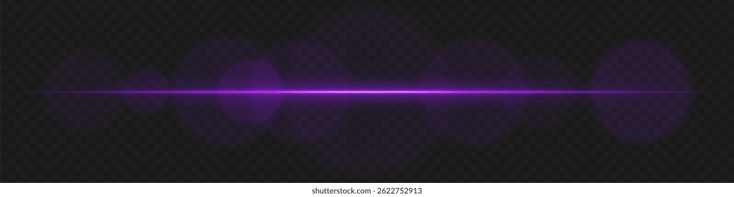 Purple horizontal lens flare with soft circular glow on transparent background. Abstract glowing beam ideal for sci-fi visuals, futuristic HUD elements, light effects.