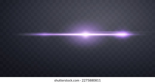 Purple horizontal lens flare. Sun flash with rays or gold spotlight and bokeh. Purple glow flare light effect. Vector illustration.