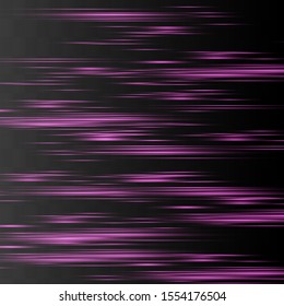 Purple horizontal lens flares pack. Laser beams, horizontal light rays.Beautiful light flares. Glowing streaks on dark background. Luminous abstract sparkling lined background.