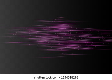 Purple horizontal lens flares pack. Laser beams, horizontal light rays. Beautiful light flares. Glowing streaks on dark background. Luminous abstract sparkling lined background.