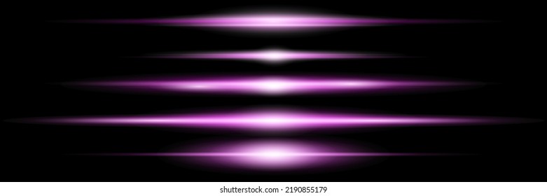 Purple horizontal lens flares pack. Glowing purple, pink light effects isolated on transparent background. Laser beams, light rays. Set of abstract lens flares, glowing stars and sparkles. Vector.