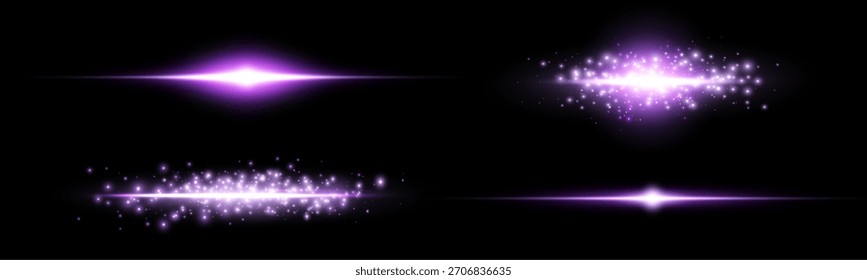 Conjunto de destellos de lente Horizontal púrpura. Flash de sol con rayos o foco y bokeh. Efecto de luz de destello brillante. Aislado sobre fondo negro. Ilustración vectorial.