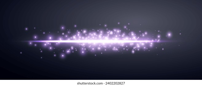 Purple horizontal lensflare. Light flash with rays or violet spotlight and bokeh. Glow flare light effect. Vector illustration. Isolated on dark background.