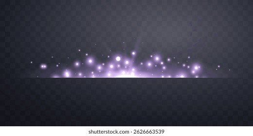 Purple horizontal lensflare. Light flash with rays or violet spotlight and bokeh. Glow flare light effect. Vector illustration. Isolated on dark background.
