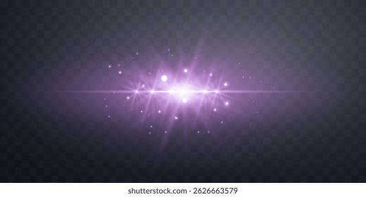 Llamarada Horizontal púrpura. Luz flash con rayos o foco violeta y bokeh. Efecto de luz de destello brillante. Ilustración vectorial. Aislado sobre fondo oscuro.