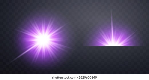 Purple horizontal lensflare. Light flash with rays or violet spotlight and bokeh. Glow flare light effect. Vector illustration. Isolated on dark background.