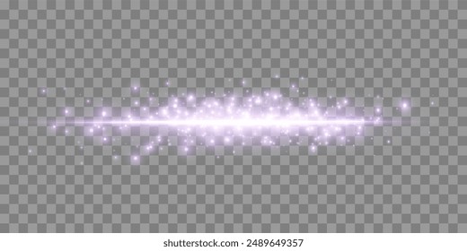 Inflamación y partículas Horizontales de color púrpura. Destello de luz con rayos o foco violeta y destellos. Efecto de luz de destello brillante. Ilustración vectorial. 