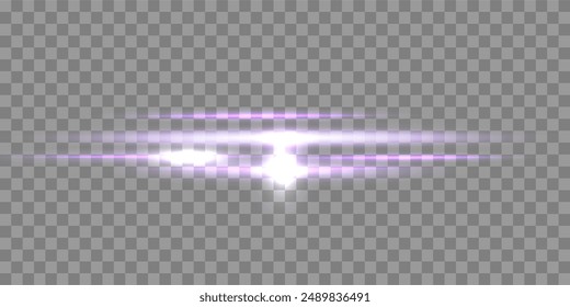 Purple horizontal lensflare and particles. Light flash with rays or violet spotlight and sparkles. Glow flare light effect. Vector illustration. 
