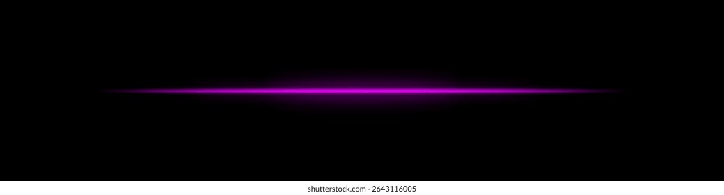 Purple horizontal light beam. Bright laser stripe with soft glow and fading edges on dark background. Perfect for sci-fi, transitions, futuristic flares, or abstract light effects.