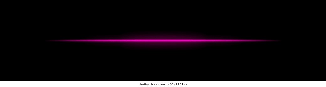Purple horizontal light beam. Bright laser stripe with soft glow and fading edges on dark background. Perfect for sci-fi, transitions, futuristic flares, or abstract light effects.