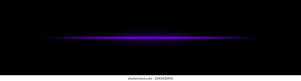 Purple horizontal light beam. Bright laser stripe with soft glow and fading edges on dark background. Perfect for sci-fi, transitions, futuristic flares, or abstract light effects.