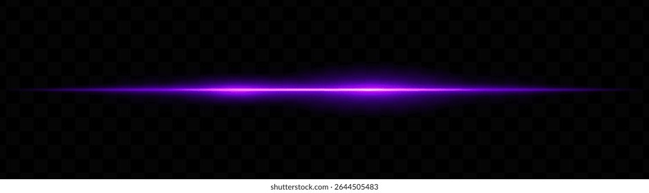Purple horizontal light beam with dual bright glows and soft blur on transparent background. Futuristic energy stripe ideal for sci-fi visuals, HUDs, or glowing tech overlays.