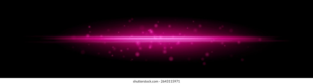Purple horizontal light beam with glowing dust particles and radiant motion blur on black background. Perfect for fantasy transitions, luxury effects, or magical digital overlays.