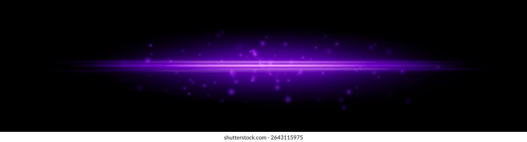 Purple horizontal light beam with glowing dust particles and radiant motion blur on black background. Perfect for fantasy transitions, luxury effects, or magical digital overlays.
