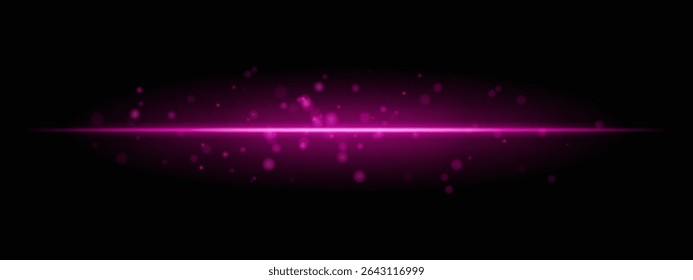 Purple horizontal light beam with glowing dust particles and intense aura on transparent background. Dynamic sci-fi flare ideal for energy effects, laser HUDs, or dramatic transitions.