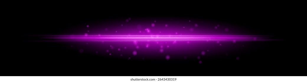 Purple horizontal light beam with glowing dust particles and radiant motion blur on black background. Perfect for fantasy transitions, luxury effects, or magical digital overlays.
