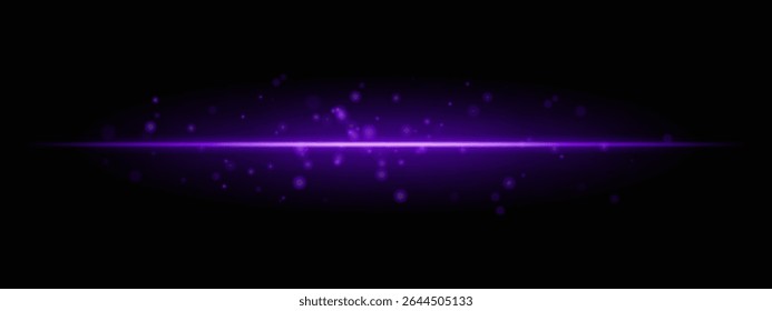 Purple horizontal light beam with glowing dust particles and intense aura on transparent background. Dynamic sci-fi flare ideal for energy effects, laser HUDs, or dramatic transitions.