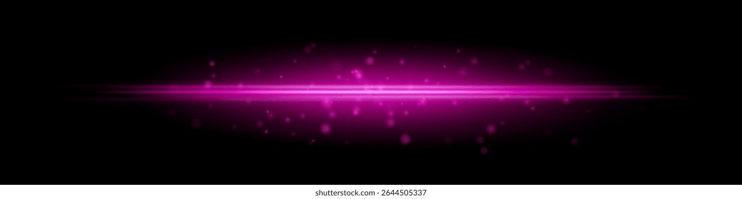 Purple horizontal light beam with glowing dust particles and radiant motion blur on black background. Perfect for fantasy transitions, luxury effects, or magical digital overlays.