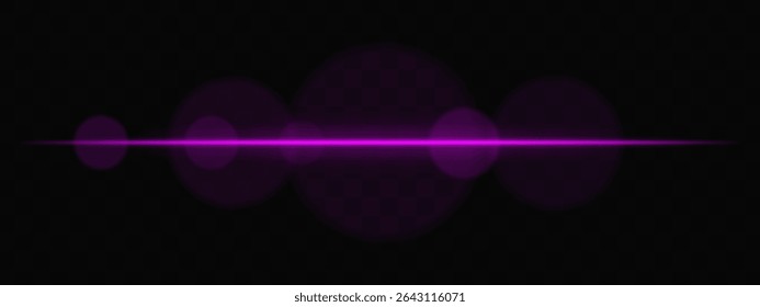 Feixe de luz horizontal roxo com círculos suaves no fundo transparente. Exacerbação de lentes cinematográficas limpas para ficção científica, transições tecnológicas ou sobreposições brilhantes de interface do usuário com brilho.