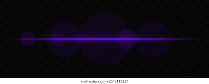 Feixe de luz horizontal roxo com círculos suaves no fundo transparente. Exacerbação de lentes cinematográficas limpas para ficção científica, transições tecnológicas ou sobreposições brilhantes de interface do usuário com brilho.