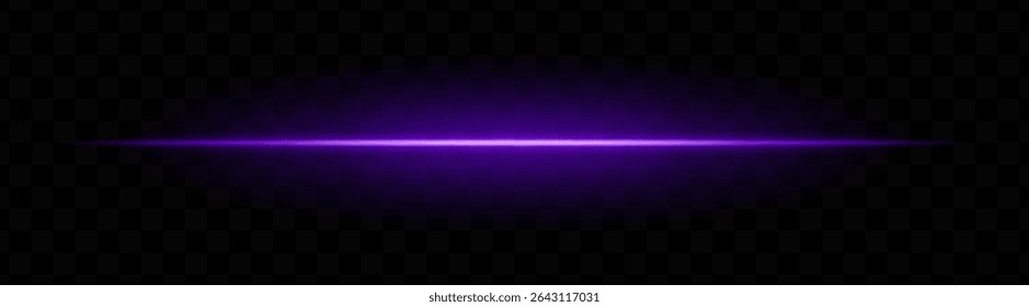 Purple horizontal light beam with soft glow and vibrant aura on transparent background. Futuristic laser stripe ideal for energy effects, sci-fi transitions, or glowing overlays.