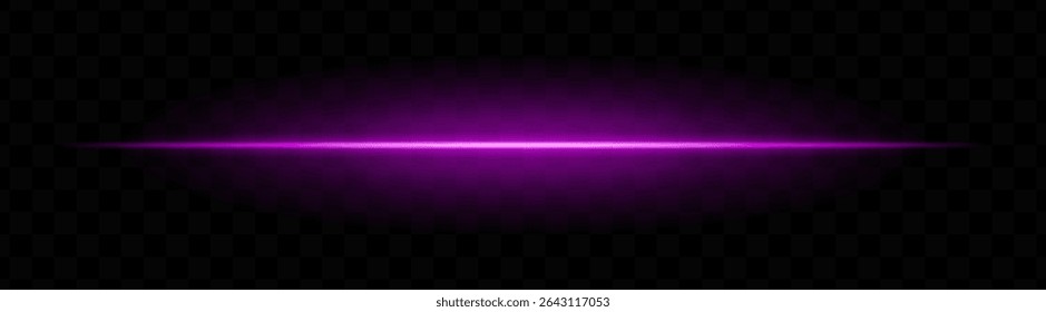 Purple horizontal light beam with soft glow and vibrant aura on transparent background. Futuristic laser stripe ideal for energy effects, sci-fi transitions, or glowing overlays.