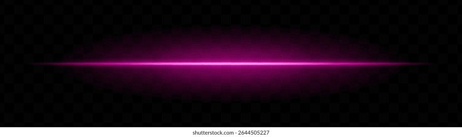 Purple horizontal light beam with soft glow and vibrant aura on transparent background. Futuristic laser stripe ideal for energy effects, sci-fi transitions, or glowing overlays.