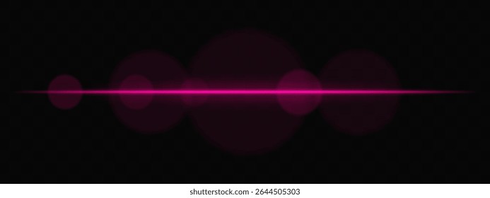 Feixe de luz horizontal roxo com círculos suaves no fundo transparente. Exacerbação de lentes cinematográficas limpas para ficção científica, transições tecnológicas ou sobreposições brilhantes de interface do usuário com brilho.