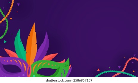 Purple horizontal Mardi Gras copy space background with mask, feather, and bead