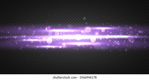 Purple horizontal rays, lens, lines, laser beams. Glowing streaks motion, light rays with sparks. Luminous abstract sparkling line on transparent background. Vector illustration, eps 10.