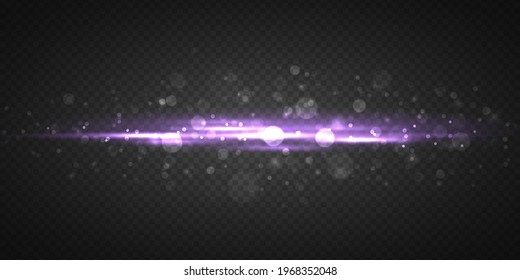 Purple horizontal rays, lens, lines, laser beams. Glowing streaks motion, light rays with sparks. Luminous abstract sparkling line on transparent background. Vector illustration, eps 10.