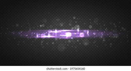 Purple horizontal rays, lens, lines, laser beams. Glowing streaks motion, light rays with sparks. Luminous abstract sparkling line on transparent background. Vector illustration, eps 10.